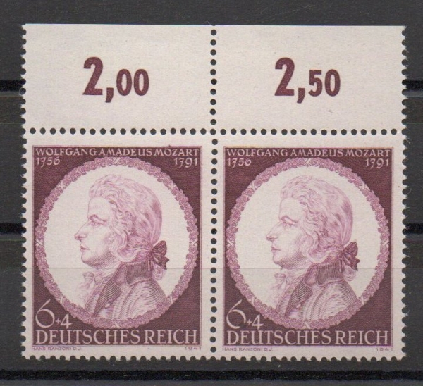 Michel Nr. 810 II, 28. Nov. 1941 150. Todestag von Wolfgang Amadeus Mozart postfrisch.